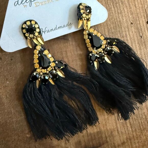 NWT Deepa Gurnani Black Gold Tassel Dangle Statement Earrings - Picture 2 of 7